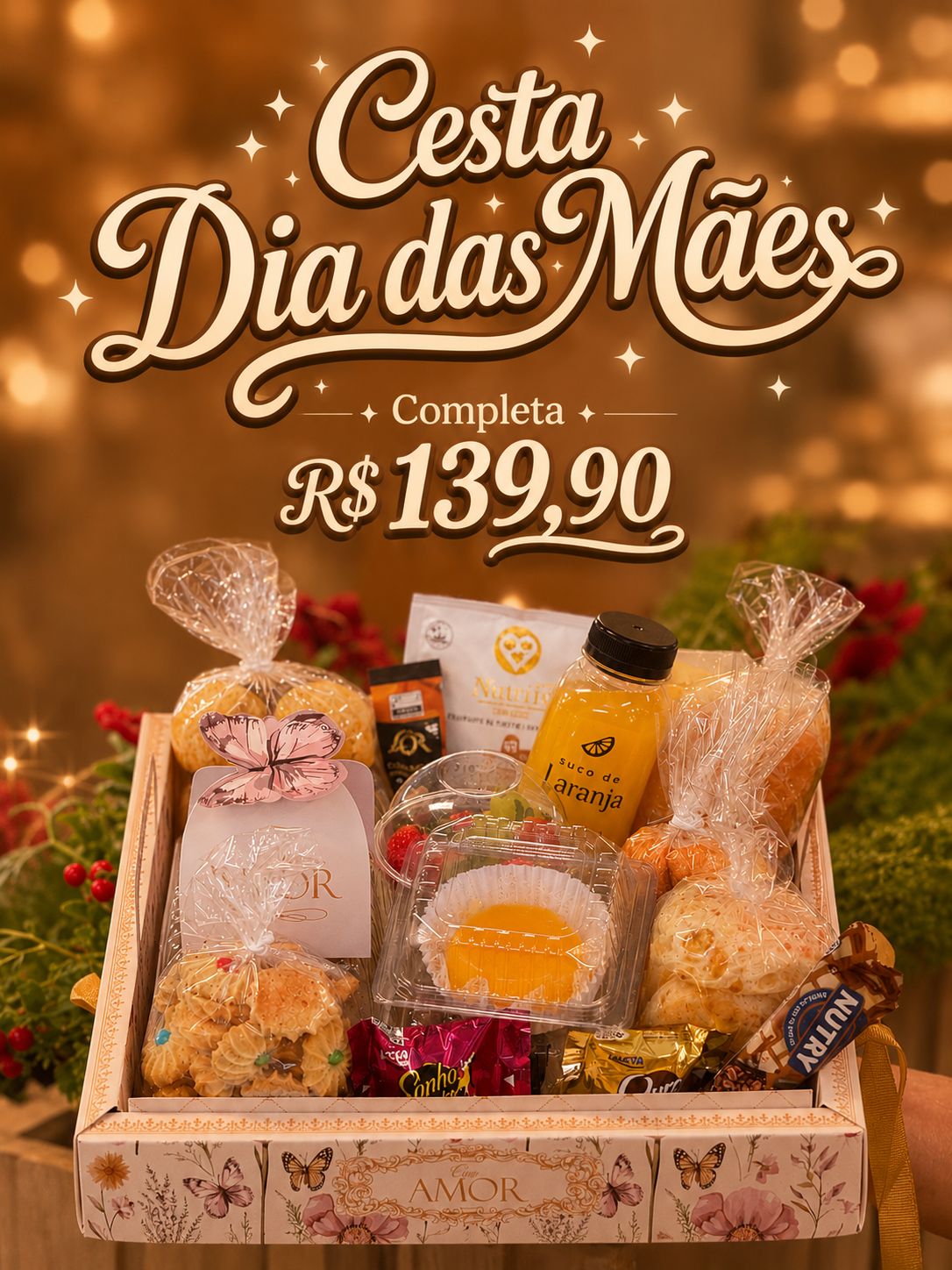 Cesta Dia das Mães completa com suco, doces, pães, chocolates e embalagem presenteável